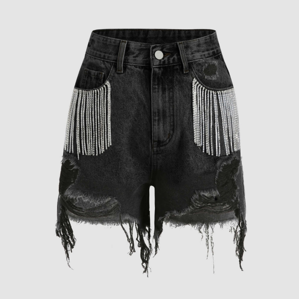 - Rhinestone fringed jean shorts